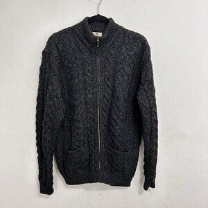 Carraig Donn Mens Irish Wool Cableknit Zip Cardigan Sweater Jacket Charcoal Sz M